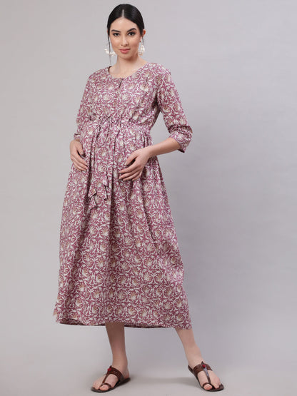 Women Lavender Printed Flared Maternity Dress