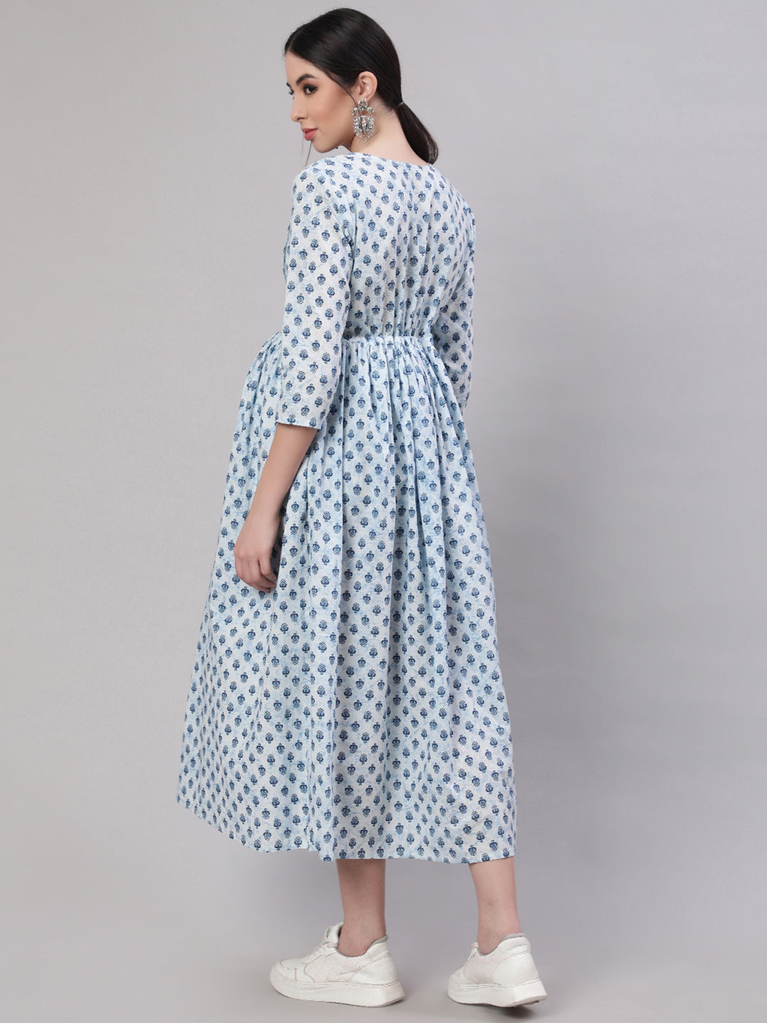 Women Off White & Blue Floral Printed Maternity Dress With Three Quarter Sleeves