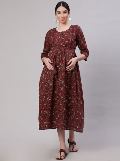 Women Maroon Printed Flared Maternity Dress