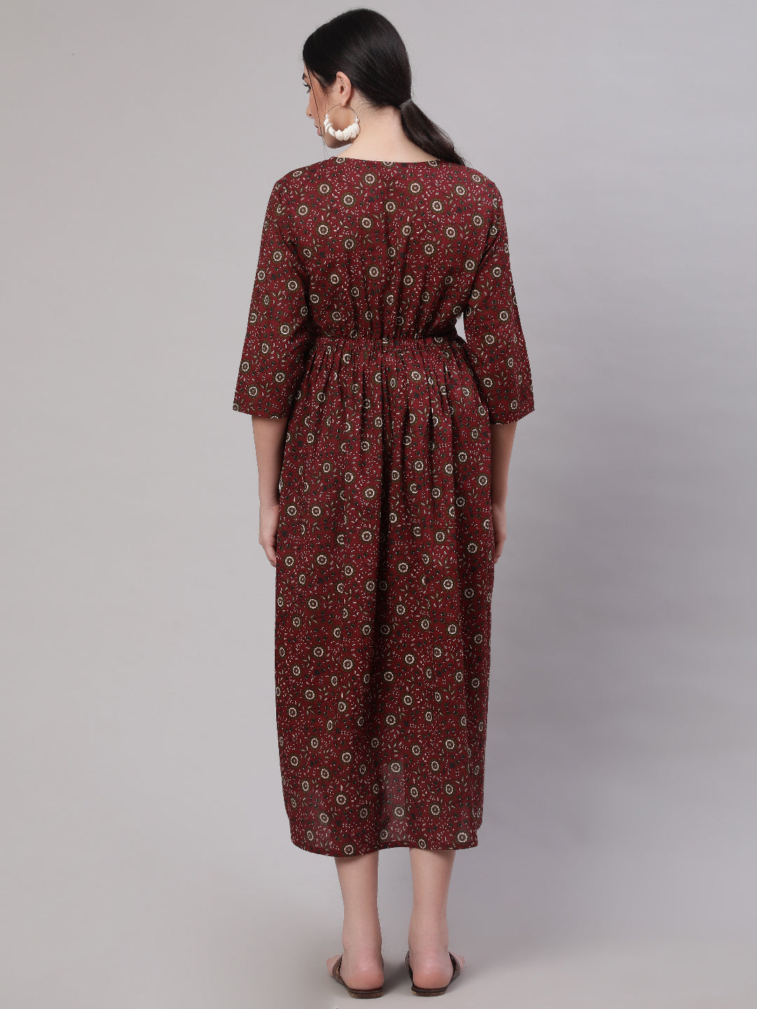 Women Maroon Printed Flared Maternity Dress