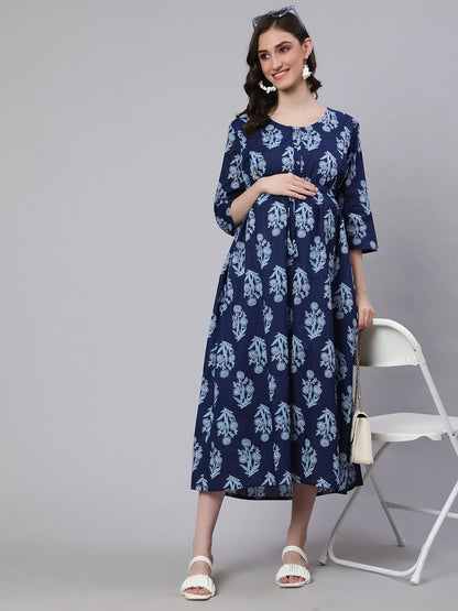 Women Blue Printed Flared Maternity Dress