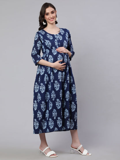 Women Blue Printed Flared Maternity Dress