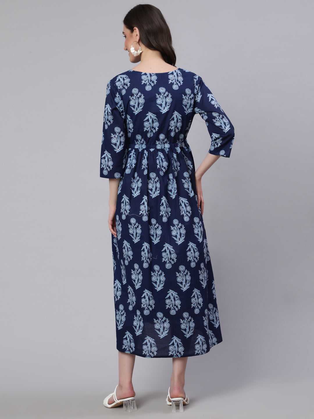 Women Blue Printed Flared Maternity Dress