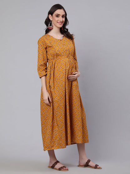 Women Mustard Printed Flared Maternity Dress