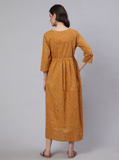 Women Mustard Printed Flared Maternity Dress