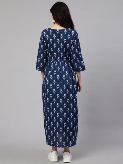 Women Blue Floral Printed Flared Maternity Dress