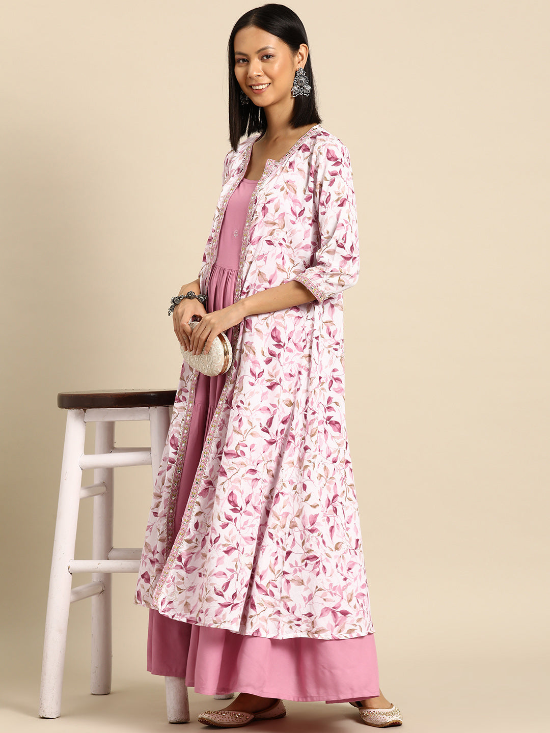 Women Pink Embroidered Flared Dress With Printed Jacket