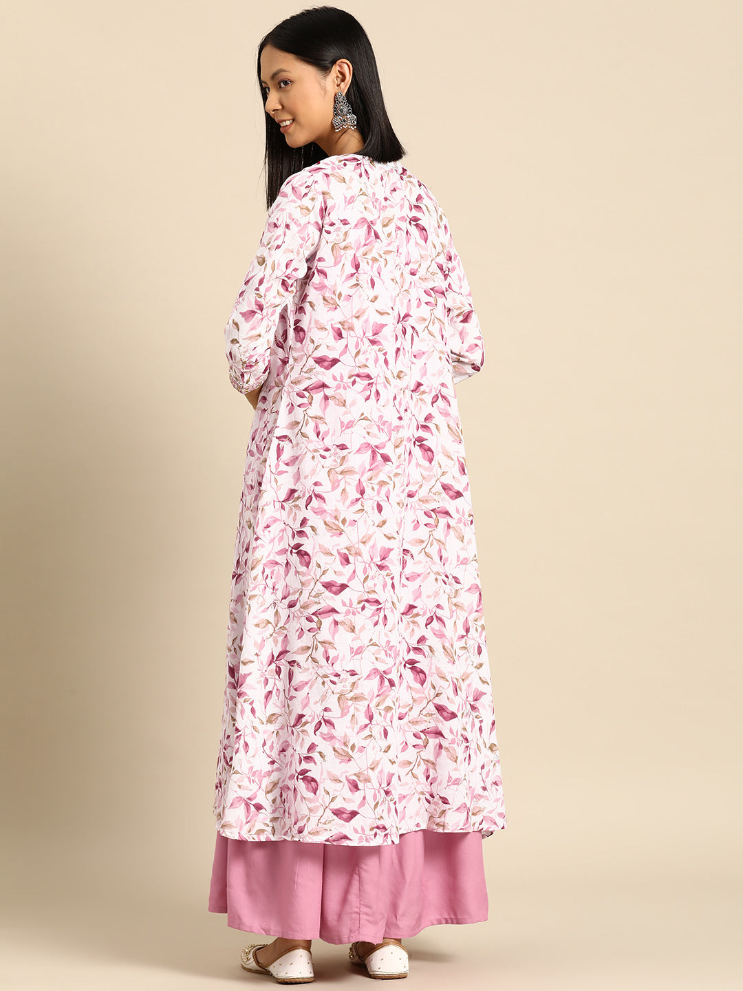 Women Pink Embroidered Flared Dress With Printed Jacket