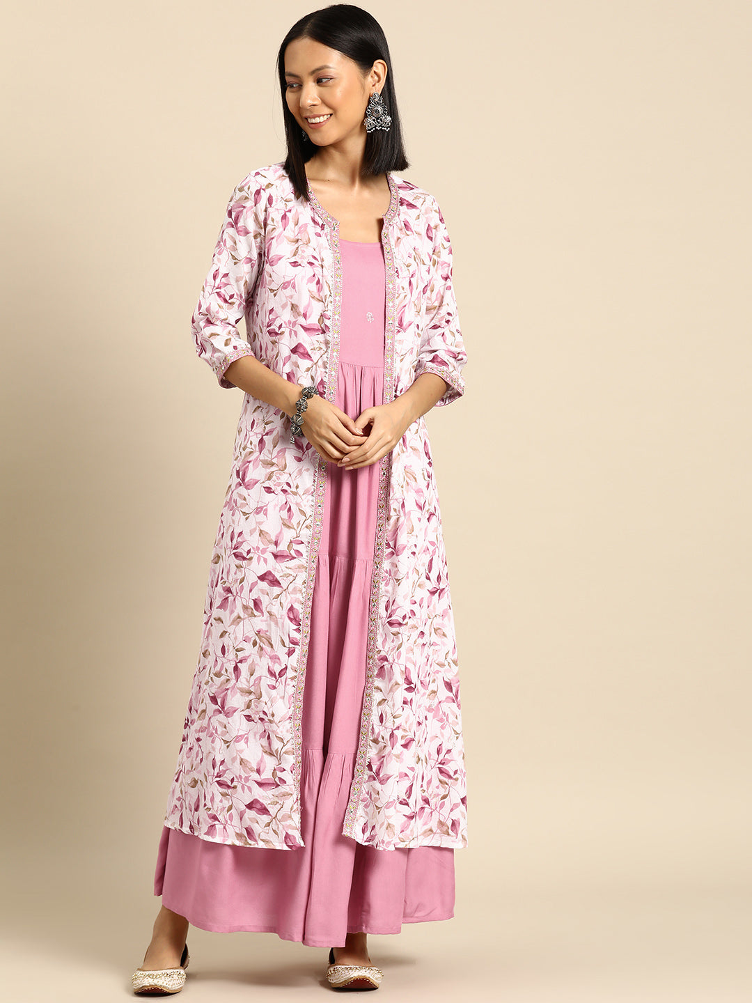 Pink Gold Print A Line Dress With Stole - InWeave