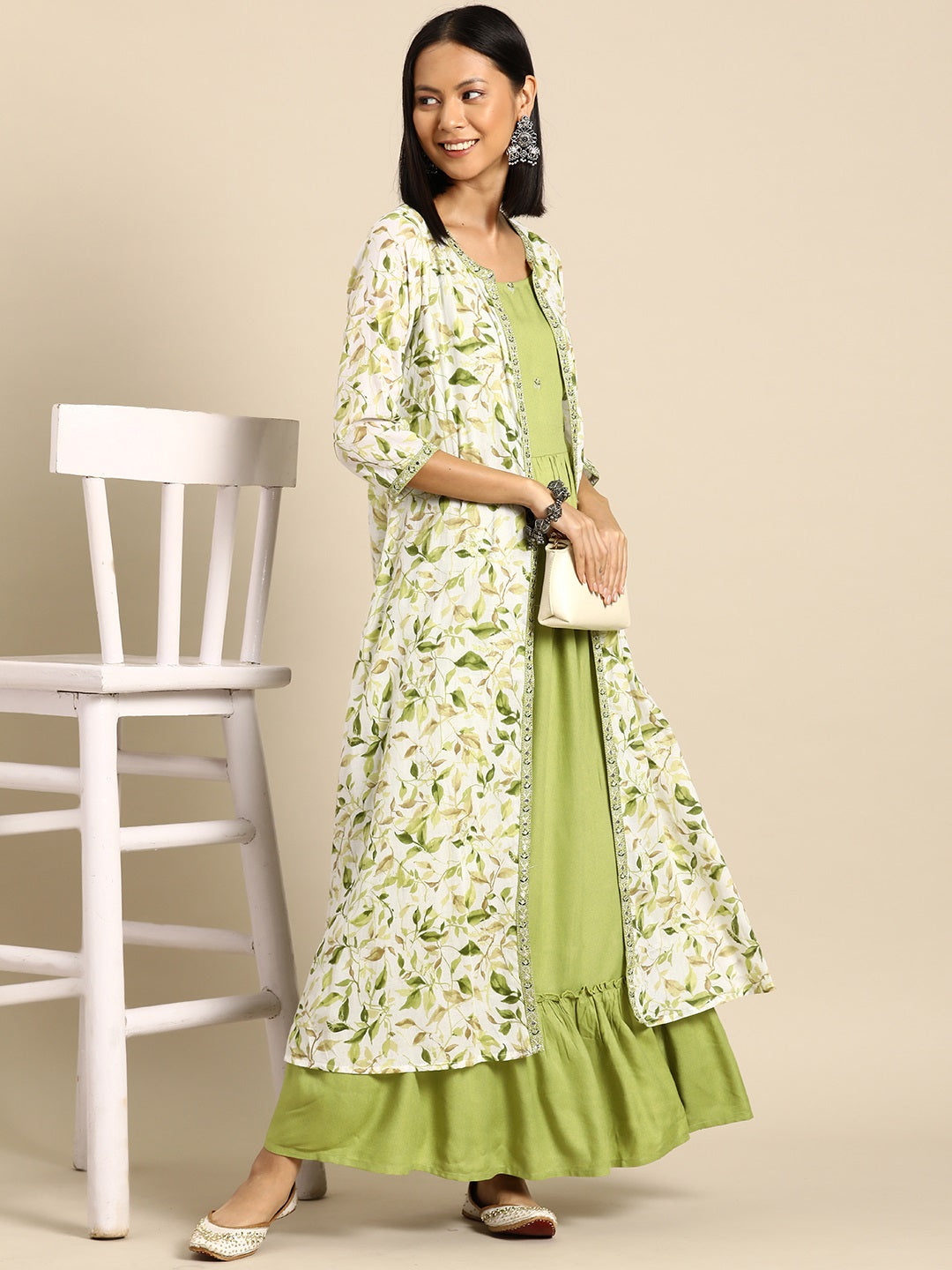 Women Green Embroidered Flared Dress With Printed Jacket