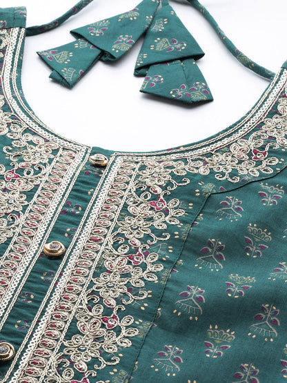 Women Green Embroidered Flared Dress With Net Dupatta