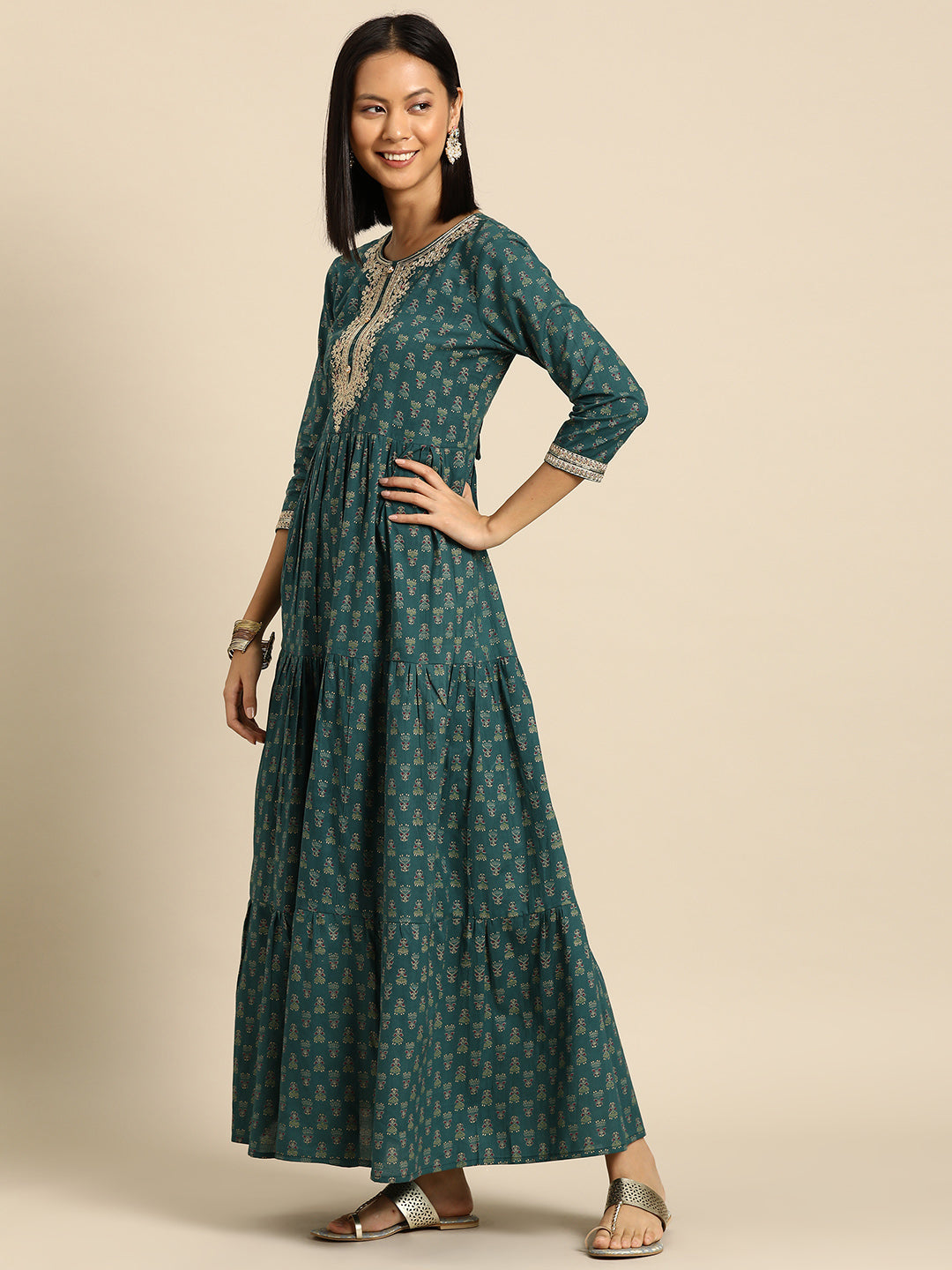 Women Green Embroidered Flared Dress With Net Dupatta