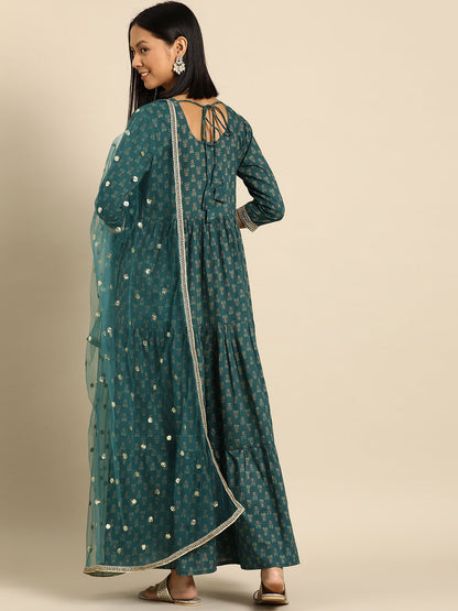 Women Green Embroidered Flared Dress With Net Dupatta