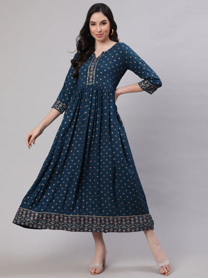 Women Teal Blue Ethnic Printed Flared Dress With Three Quarter sleeves