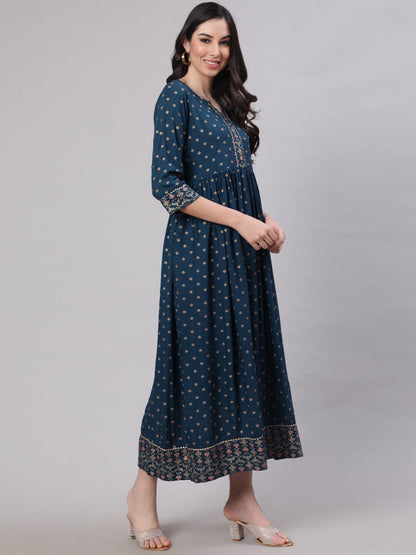 Women Teal Blue Ethnic Printed Flared Dress With Three Quarter sleeves