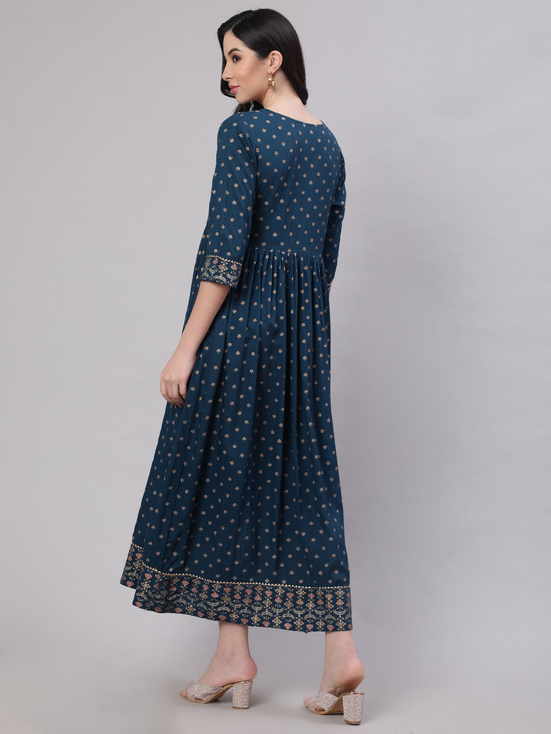 Women Teal Blue Ethnic Printed Flared Dress With Three Quarter sleeves