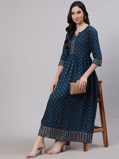 Women Teal Blue Ethnic Printed Flared Dress With Three Quarter sleeves