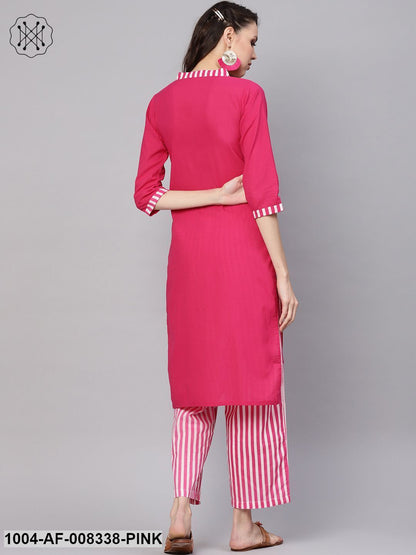 Pink Solid Kurta With Striped Palazzo Set