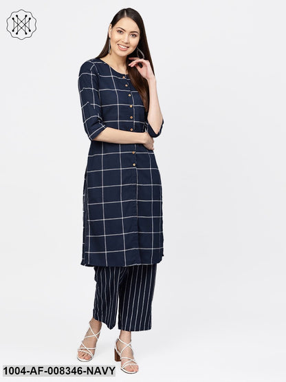 Navy Blue Checked Round Neck A-Line Cotton Kurta With Striped Palazzo