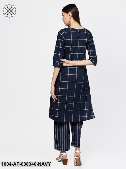 Navy Blue Checked Round Neck A-Line Cotton Kurta With Striped Palazzo