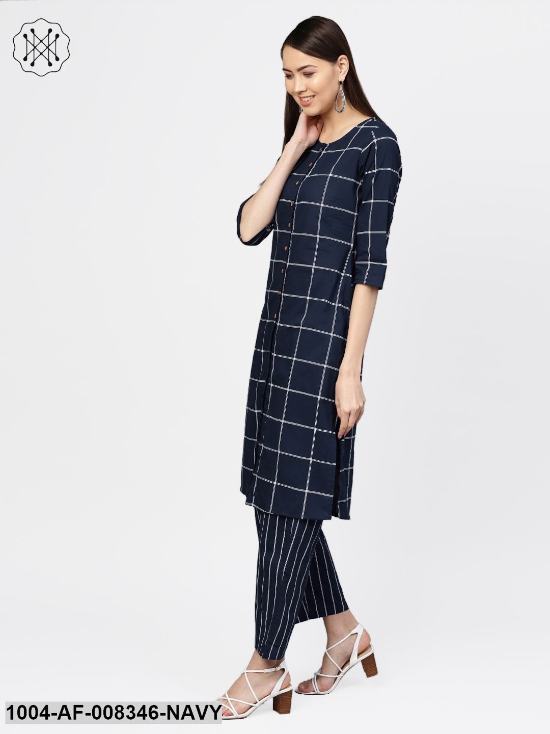 Navy Blue Checked Round Neck A-Line Cotton Kurta With Striped Palazzo