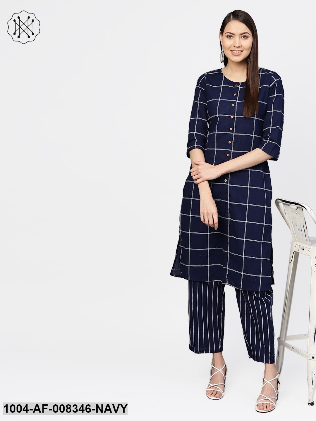 Navy Blue Checked Round Neck A-Line Cotton Kurta With Striped Palazzo