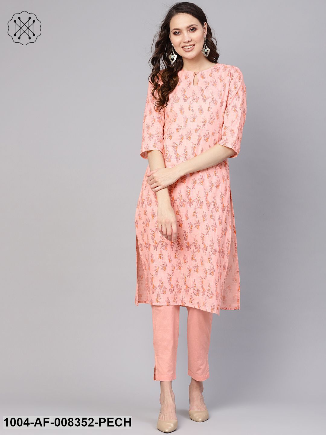 Peach Floral Printed Round Neck With Keyhole Straight Kurta With Ciggrate Pants