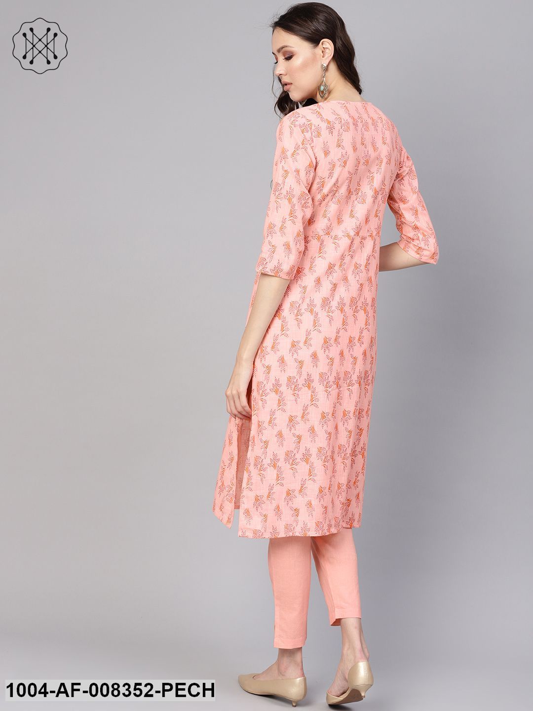 Peach Floral Printed Round Neck With Keyhole Straight Kurta With Ciggrate Pants