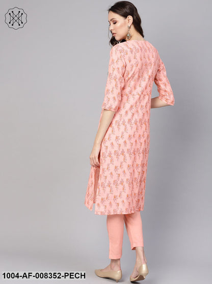 Peach Floral Printed Round Neck With Keyhole Straight Kurta With Ciggrate Pants