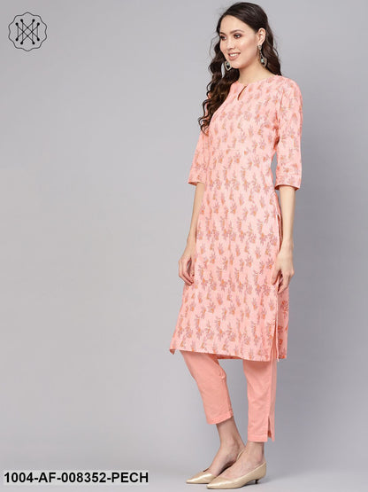 Peach Floral Printed Round Neck With Keyhole Straight Kurta With Ciggrate Pants