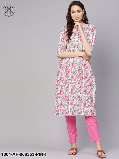 White Pink Floral Printed Round Neck With Keyhole Straight Kurta With Ciggrate Pant