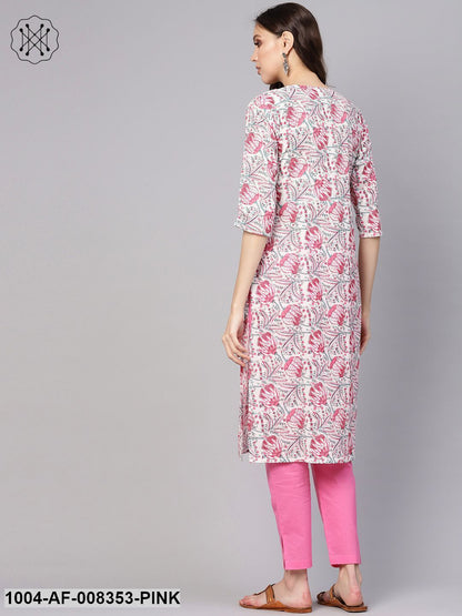 White Pink Floral Printed Round Neck With Keyhole Straight Kurta With Ciggrate Pant