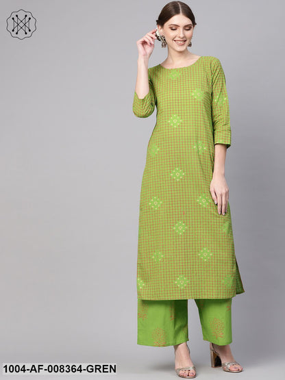 Green Geometric Printed Cotton Straight Kurta With Green Palazzo