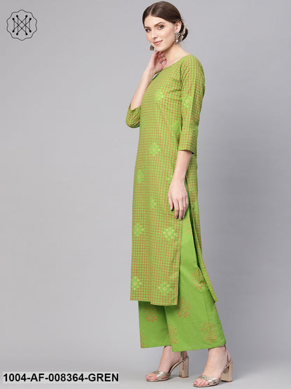 Green Geometric Printed Cotton Straight Kurta With Green Palazzo