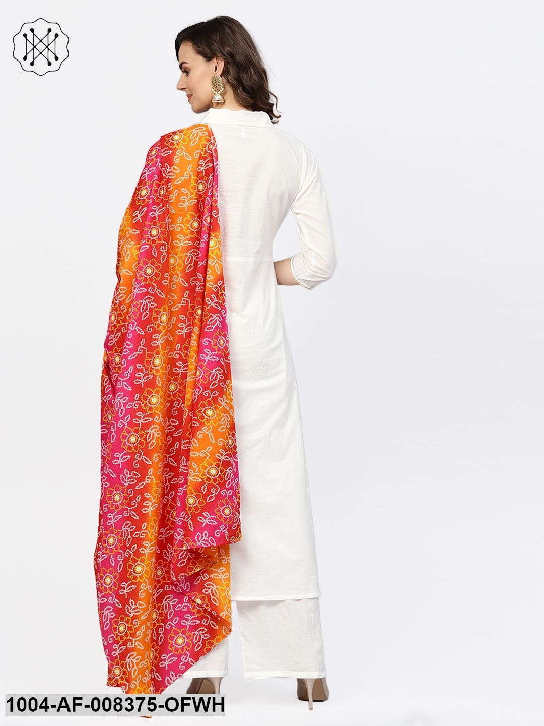 White 3/4Th Sleeve Gotta Striped A-Line Kurta With Palazzo And Printed Dupatta