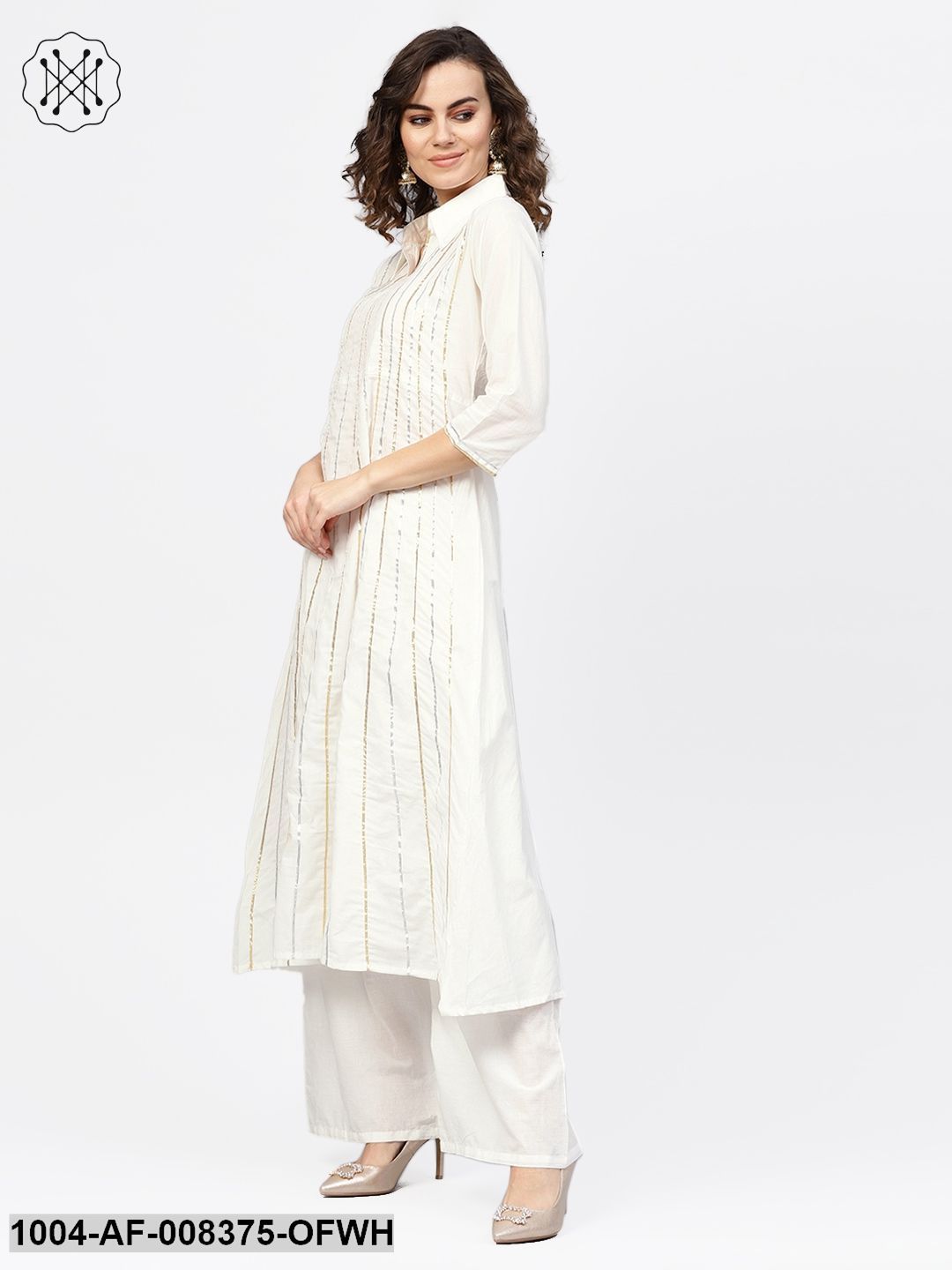 White 3/4Th Sleeve Gotta Striped A-Line Kurta With Palazzo And Printed Dupatta