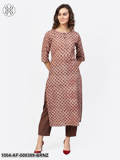 Bronze Check Printed 3/4Th Sleeve Cotton Straight Kurta With Brown Trouser