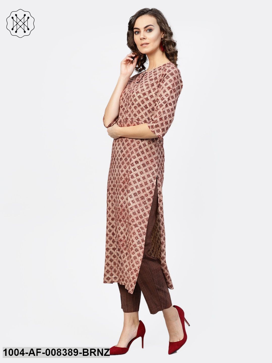 Bronze Check Printed 3/4Th Sleeve Cotton Straight Kurta With Brown Trouser