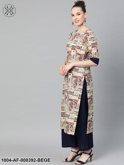 Beige With Multi Colored Abstract Print Kurta With Solid Navy Blue Pallazos