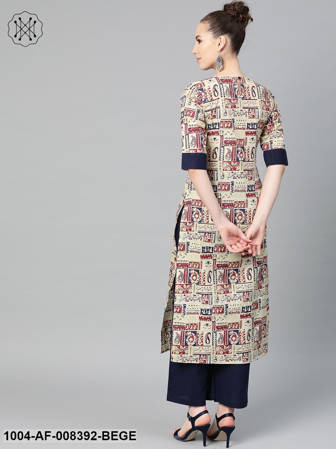 Beige With Multi Colored Abstract Print Kurta With Solid Navy Blue Pallazos