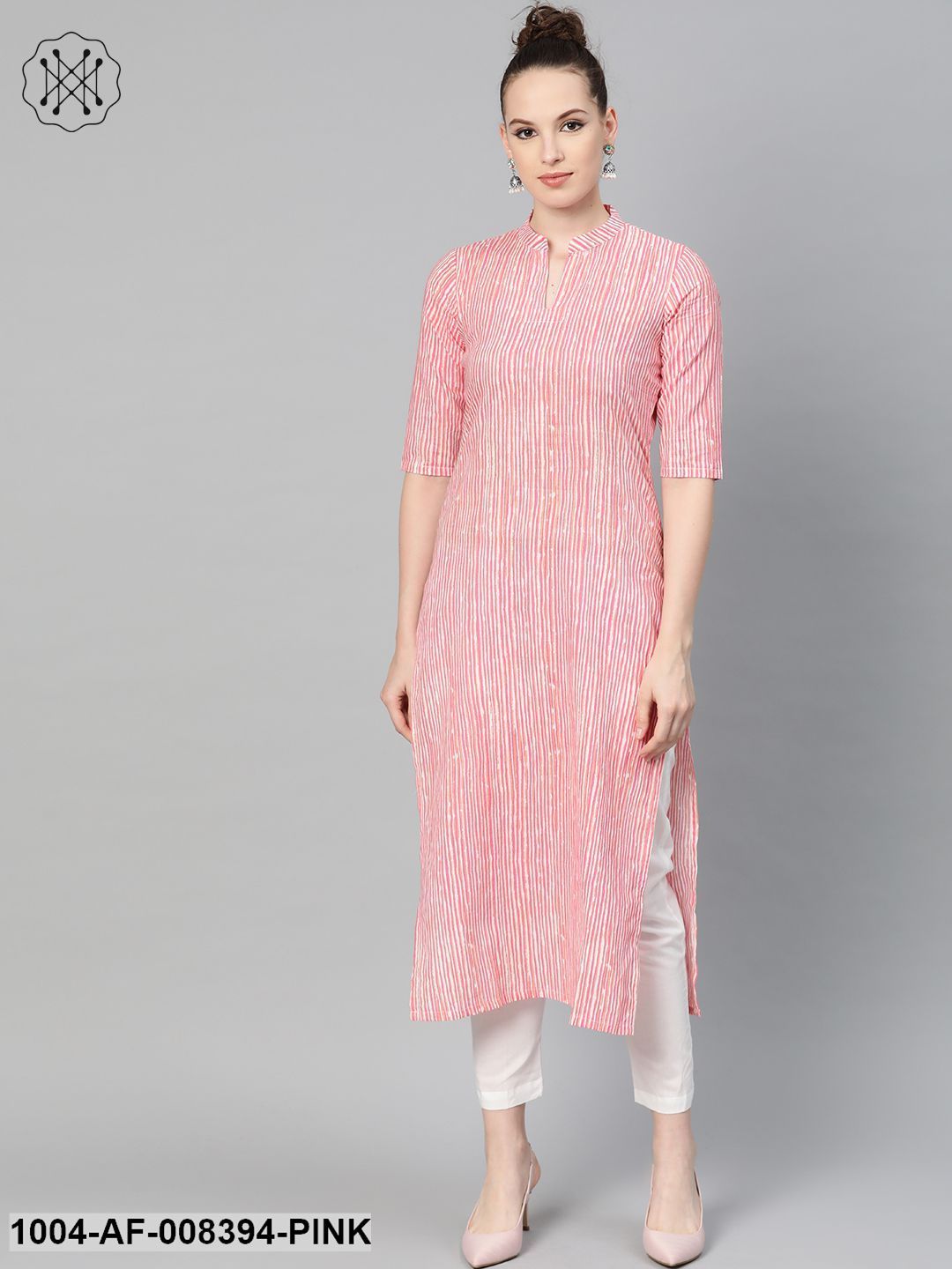 Pink & Off White Striped Printed Kurta With Solid White Pants