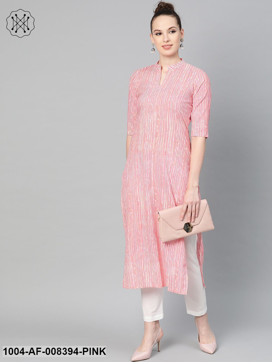 Pink & Off White Striped Printed Kurta With Solid White Pants