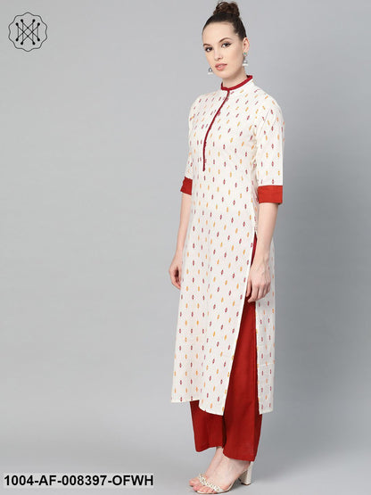 Off White With Multi Colored Geometric Print Kurta With Detailed Collar And Placket With Solid Maroon Pallazo