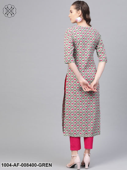 Pastel Green & Magenta Printed Straight Kurta With Pant