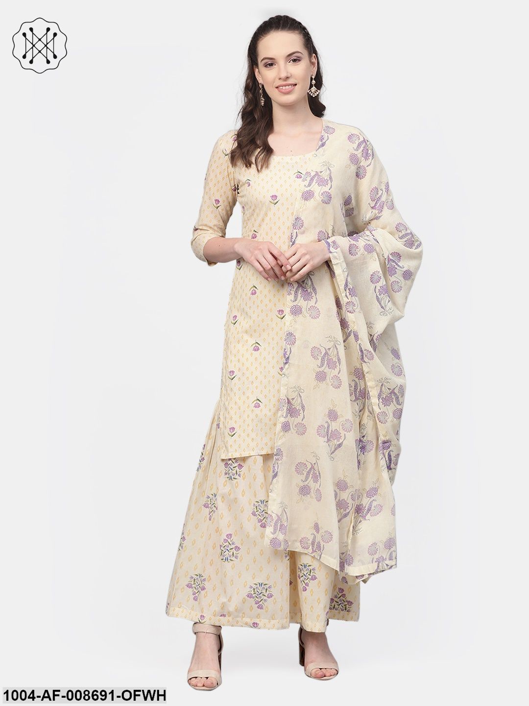 Off white & Lavender Printed kurta set with Sharara and Dupatta