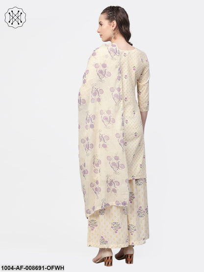 Off white & Lavender Printed kurta set with Sharara and Dupatta