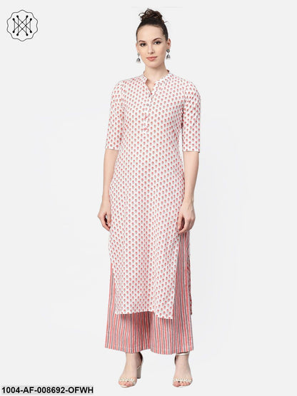 Off white & Pink Floral Printed kurta set with striped Palazzo