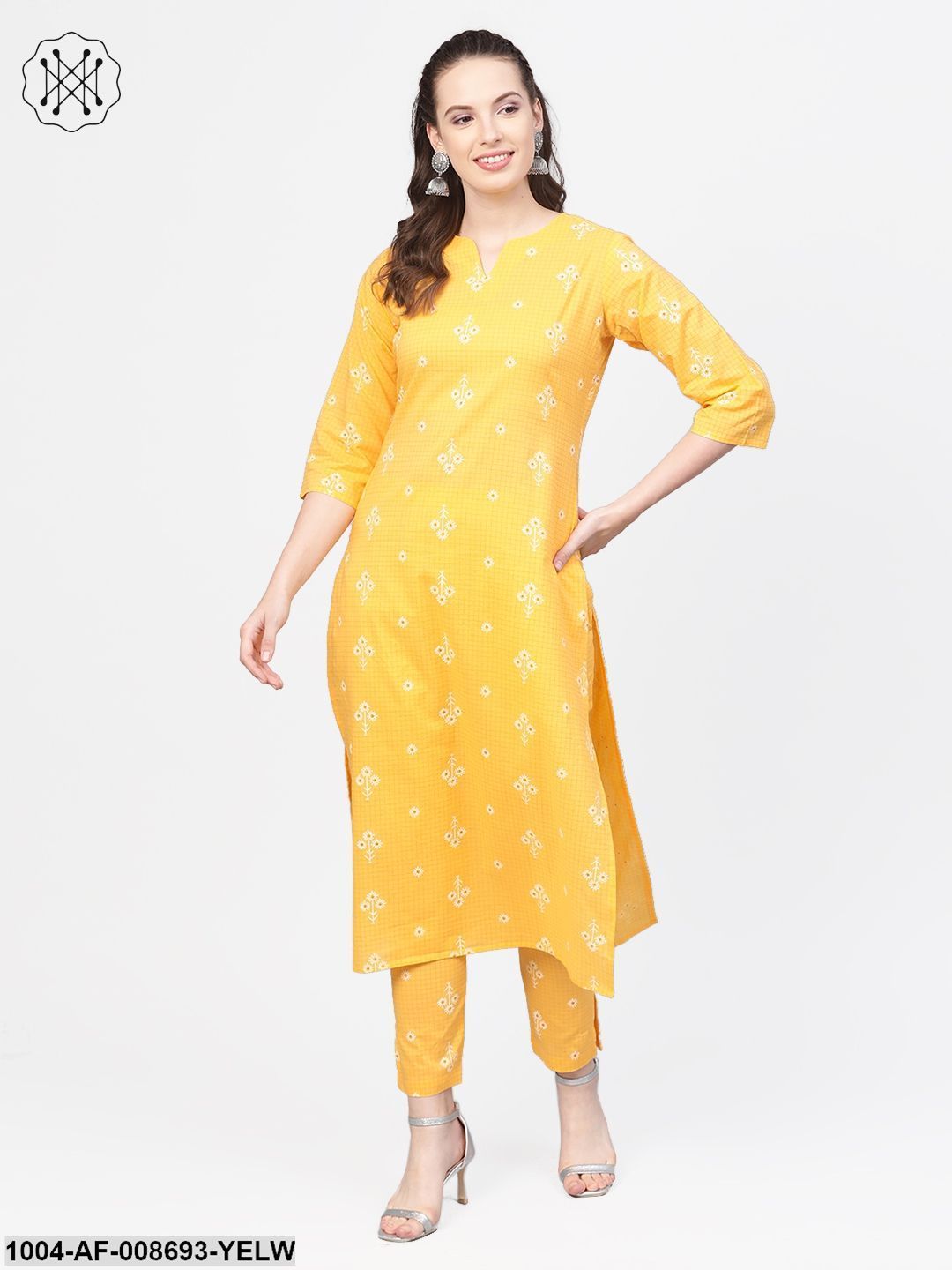 Yellow Checks & Floral multi printed kurta set with pants