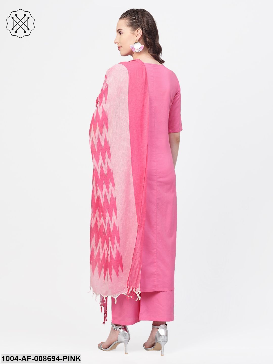 Pink Straight kurta set with Palazzo & Ikat dupatta