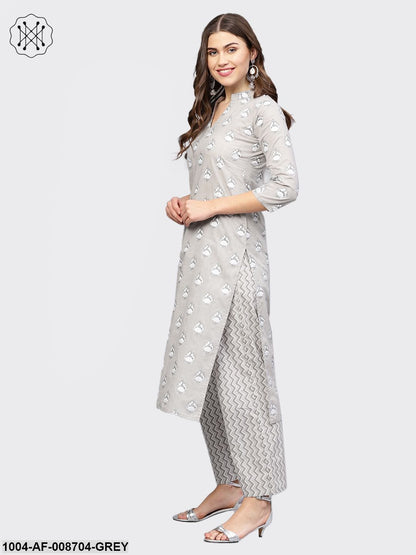 Grey printed 3/4th sleeve kurta with Zig-Zag printed Trouser